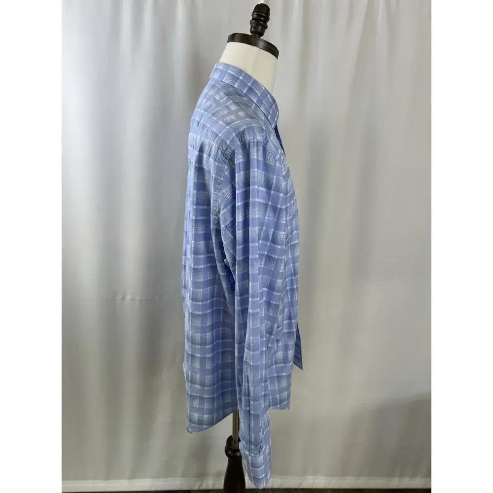 Bugatchi White & Blue Plaid Casual Button Down Shirt - Size Large - Classic Fit